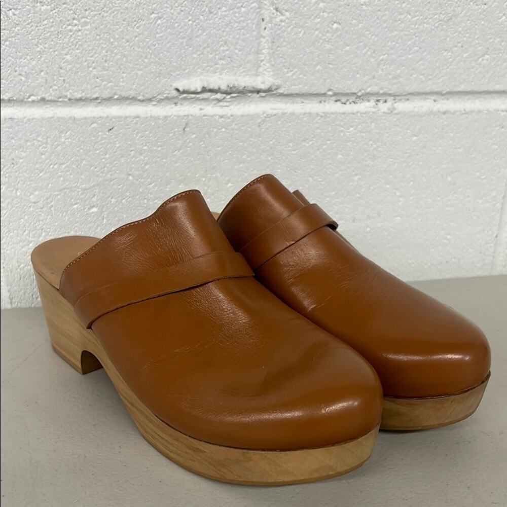 Sz10 Andre assoue brown tan slip on heeled Sofi clog wooden leather chunky amber - Picture 2 of 7